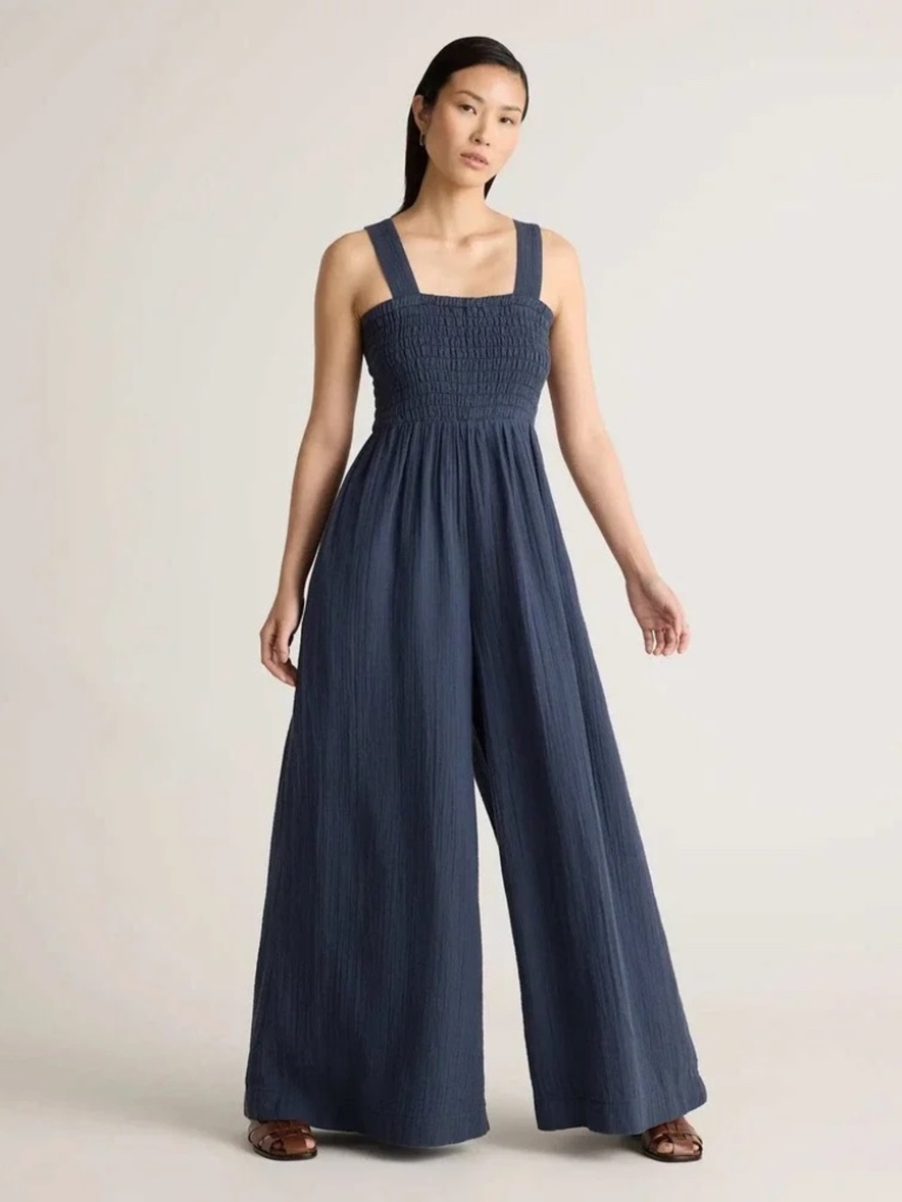 NWT Quince 100% Organic Cotton Gauze Smocked Wide Leg Jumpsuit Indigo Blue